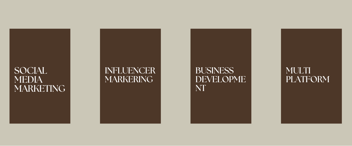 Branding graphic by It's Marketing Manchester showcasing social media marketing, influencer marketing, business development and multi-platform marketing services in a minimalist brown and neutral design.