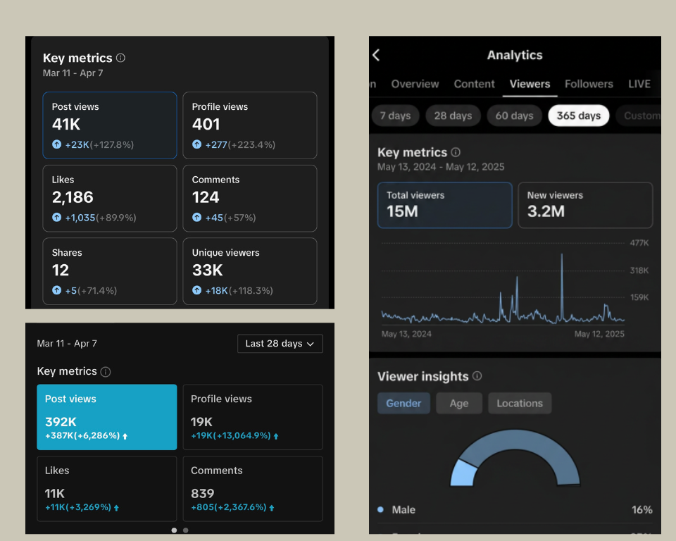 TikTok analytics and performance results by ITS Marketing MCR showcasing audience growth, increased post views, profile views, engagement, viewer insights and data-driven social media marketing strategies.